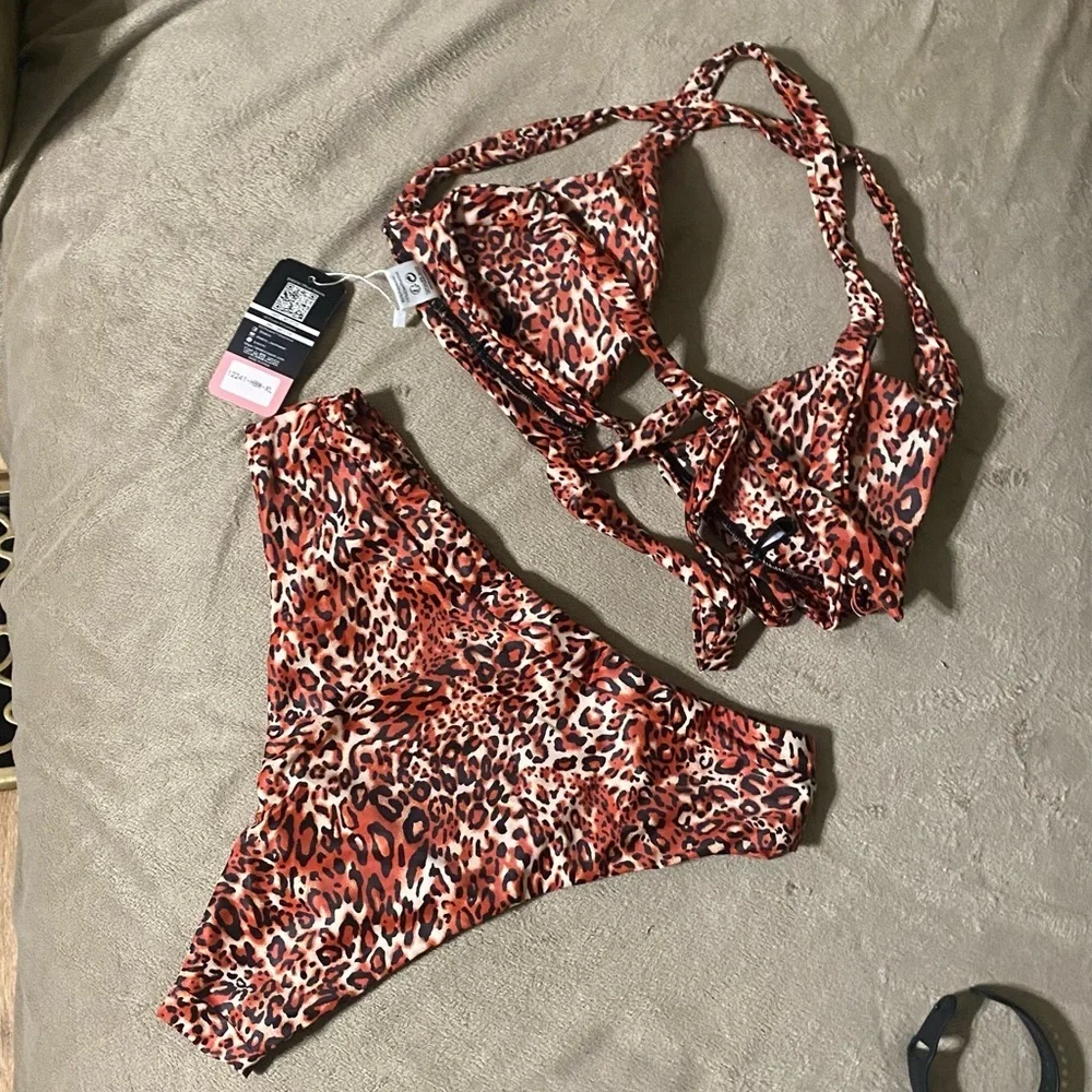 SHEKINI Crisscross Push-Up Bandage Wrap Bikini-Brown Leopard